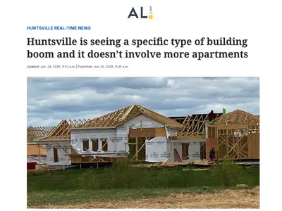 Huntsville’s housing growth is shifting from apartments toward single-family home construction, with starts up more than 40% year over year. New development in Providence, Limestone County, north Huntsville, Hampton Cove, and south Huntsville is adding in